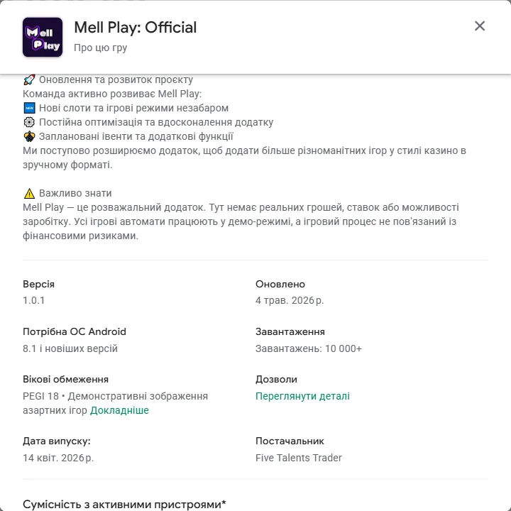 Картка додатка «Mell Play: Official» у Google Play, розділ «Про цю гру»: попередження «Важливо знати» з реченням, що тут немає реальних грошей і ставок, а всі ігрові автомати працюють у демо-режимі; нижче у відомостях рядок «Постачальник: Five Talents Trader», вікові обмеження PEGI 18